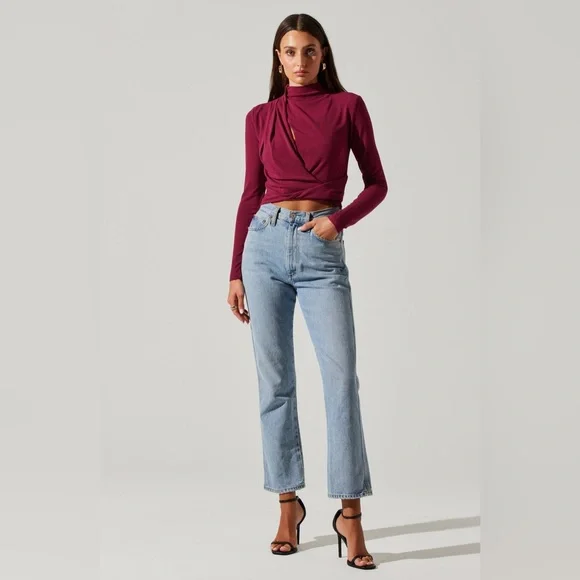 NWT ASTR Asymmetrical Pleated Cutout Mock Neck Top - Picture 2 of 11